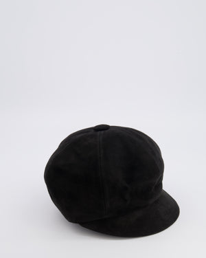 Christian Dior Black Suede Newsboy Hat with Gold Back Logo Detail Size 57