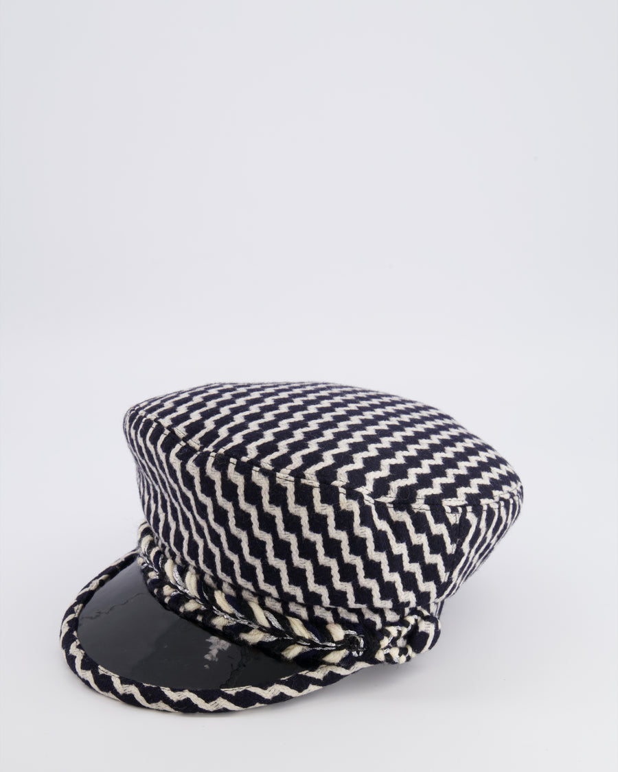 Chanel Black and White Wool Casket Hat with Vinyl Brim and Black CC Logo Detail Size M