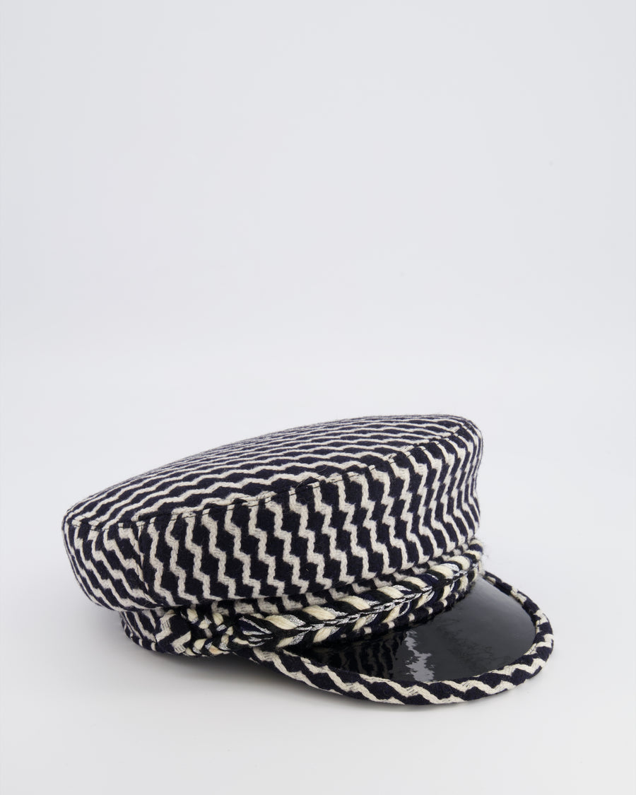 Chanel Black and White Wool Casket Hat with Vinyl Brim and Black CC Logo Detail Size M
