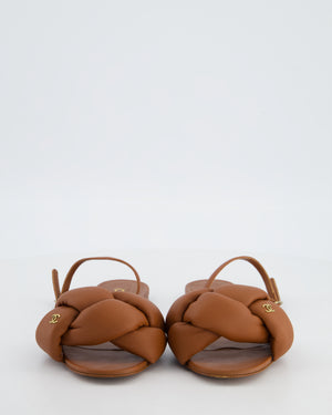 Chanel Caramel Brown Braided Flat Sandals In Nappa Leather with CC Logo Detail Size EU 37C