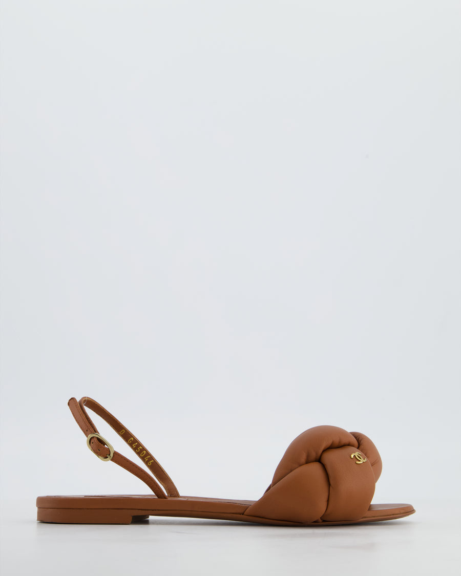 Chanel Caramel Brown Braided Flat Sandals In Nappa Leather with CC Logo Detail Size EU 37C