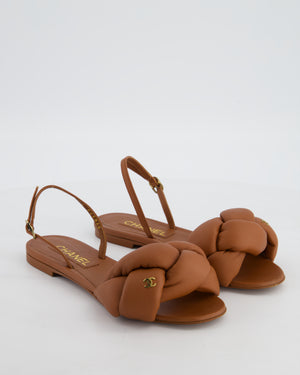 Chanel Caramel Brown Braided Flat Sandals In Nappa Leather with CC Logo Detail Size EU 37C
