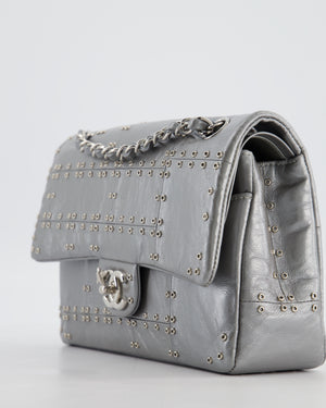 Chanel Silver Medium Airline Double Flap Bag in Glazed Calfskin with Grommet Embellishment Detail and Silver Hardware