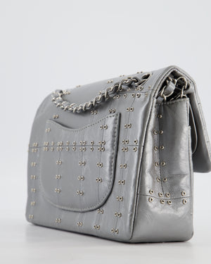 Chanel Silver Medium Airline Double Flap Bag in Glazed Calfskin with Grommet Embellishment Detail and Silver Hardware