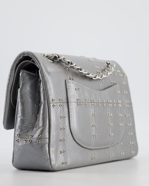 Chanel Silver Medium Airline Double Flap Bag in Glazed Calfskin with Grommet Embellishment Detail and Silver Hardware