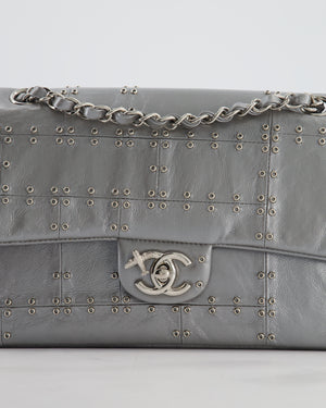 Chanel Silver Medium Airline Double Flap Bag in Glazed Calfskin with Grommet Embellishment Detail and Silver Hardware