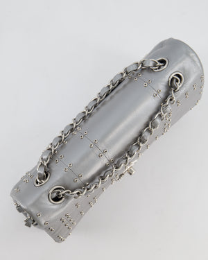 Chanel Silver Medium Airline Double Flap Bag in Glazed Calfskin with Grommet Embellishment Detail and Silver Hardware