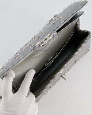 Chanel Silver Medium Airline Double Flap Bag in Glazed Calfskin with Grommet Embellishment Detail and Silver Hardware