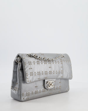 Chanel Silver Medium Airline Double Flap Bag in Glazed Calfskin with Grommet Embellishment Detail and Silver Hardware
