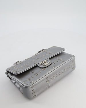 Chanel Silver Medium Airline Double Flap Bag in Glazed Calfskin with Grommet Embellishment Detail and Silver Hardware