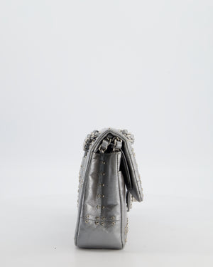 Chanel Silver Medium Airline Double Flap Bag in Glazed Calfskin with Grommet Embellishment Detail and Silver Hardware