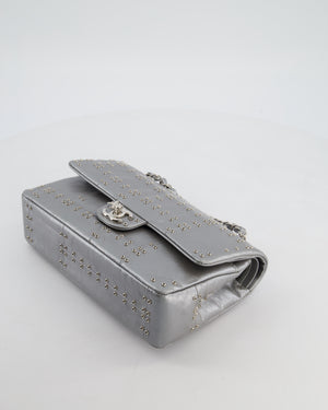 Chanel Silver Medium Airline Double Flap Bag in Glazed Calfskin with Grommet Embellishment Detail and Silver Hardware