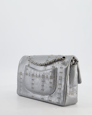 Chanel Silver Medium Airline Double Flap Bag in Glazed Calfskin with Grommet Embellishment Detail and Silver Hardware