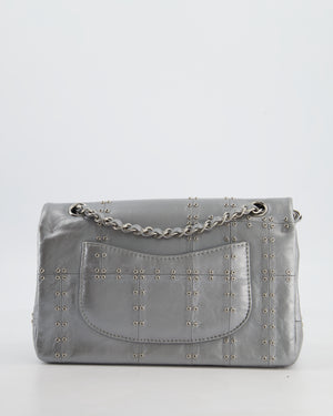 Chanel Silver Medium Airline Double Flap Bag in Glazed Calfskin with Grommet Embellishment Detail and Silver Hardware