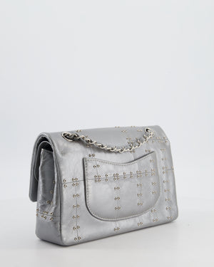 Chanel Silver Medium Airline Double Flap Bag in Glazed Calfskin with Grommet Embellishment Detail and Silver Hardware
