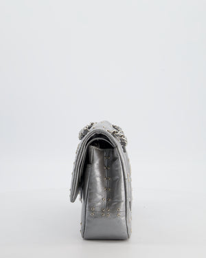 Chanel Silver Medium Airline Double Flap Bag in Glazed Calfskin with Grommet Embellishment Detail and Silver Hardware