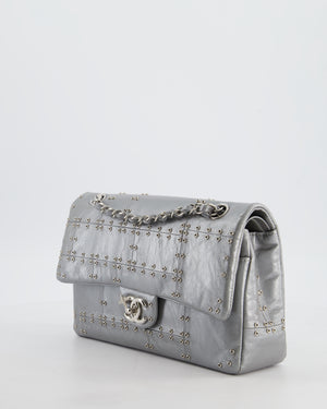 Chanel Silver Medium Airline Double Flap Bag in Glazed Calfskin with Grommet Embellishment Detail and Silver Hardware