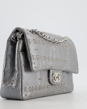 Chanel Silver Medium Airline Double Flap Bag in Glazed Calfskin with Grommet Embellishment Detail and Silver Hardware