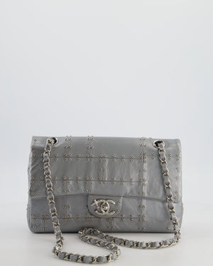 Chanel Silver Medium Airline Double Flap Bag in Glazed Calfskin with Grommet Embellishment Detail and Silver Hardware