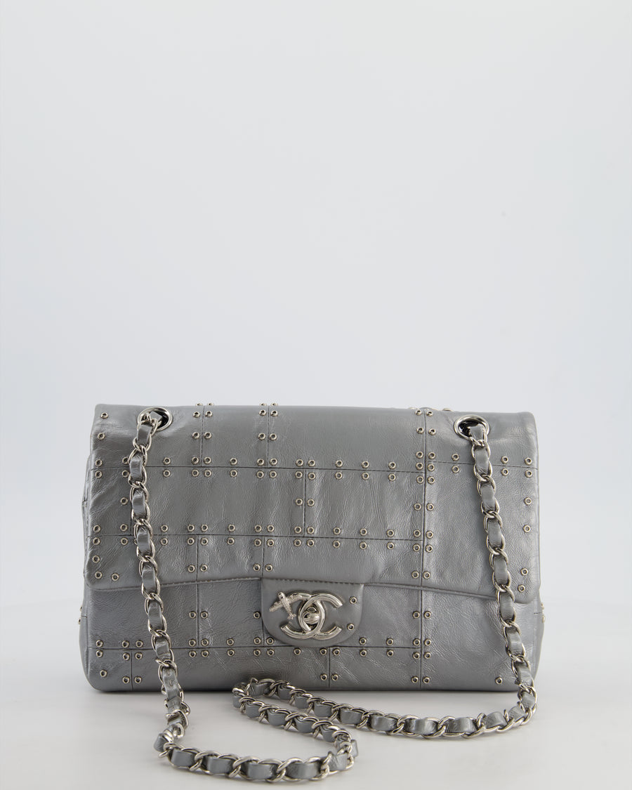 Chanel Silver Medium Airline Double Flap Bag in Glazed Calfskin with Grommet Embellishment Detail and Silver Hardware
