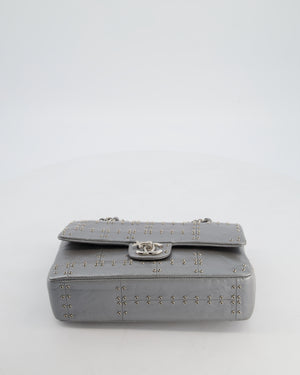 Chanel Silver Medium Airline Double Flap Bag in Glazed Calfskin with Grommet Embellishment Detail and Silver Hardware