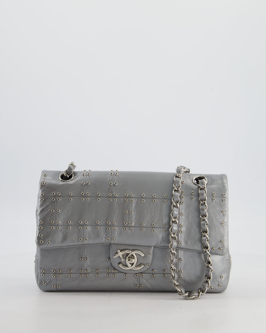 Chanel Silver Medium Airline Double Flap Bag in Glazed Calfskin with Grommet Embellishment Detail and Silver Hardware