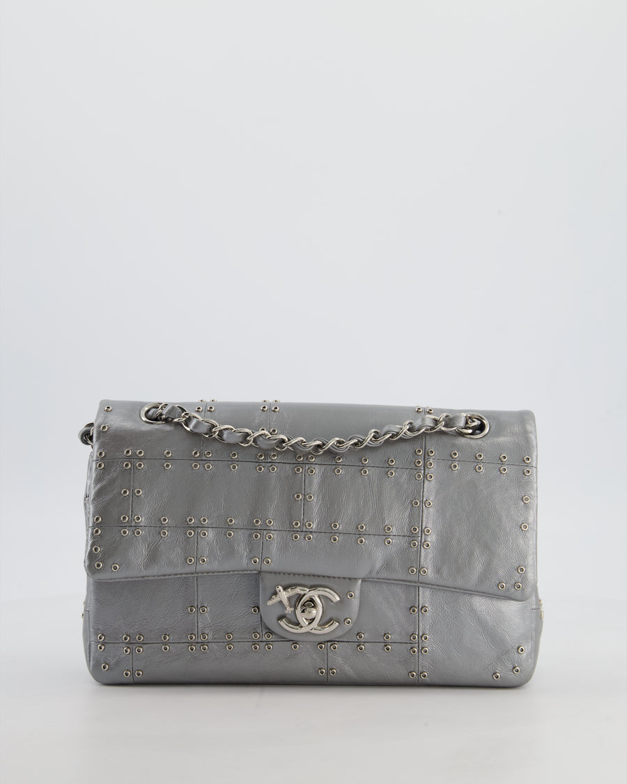 Chanel Silver Medium Airline Double Flap Bag in Glazed Calfskin with Grommet Embellishment Detail and Silver Hardware