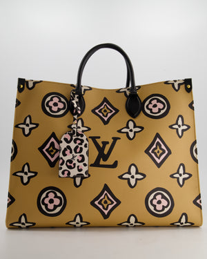 Louis Vuitton Brown, Cream, Black and Pink Wild at Heart Monogram On The Go GM Tote Bag with Luggage Tag and Gold Hardware