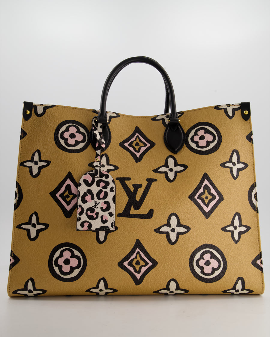 Louis Vuitton Brown, Cream, Black and Pink Wild at Heart Monogram On The Go GM Tote Bag with Luggage Tag and Gold Hardware