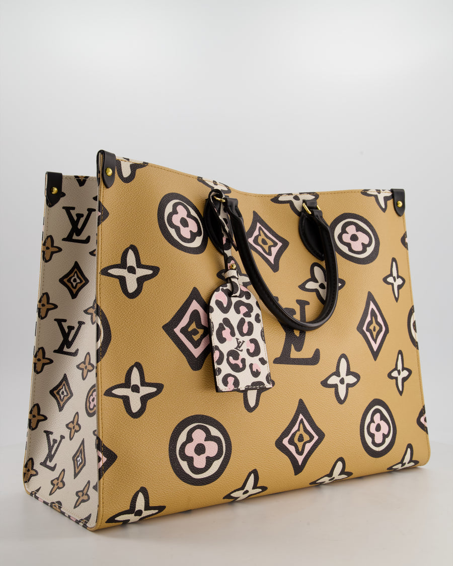 Louis Vuitton Brown, Cream, Black and Pink Wild at Heart Monogram On The Go GM Tote Bag with Luggage Tag and Gold Hardware