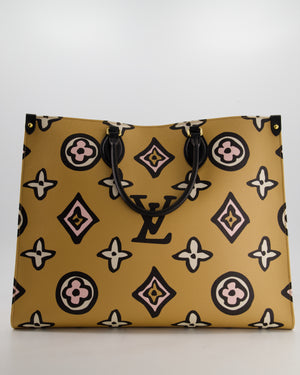 Louis Vuitton Brown, Cream, Black and Pink Wild at Heart Monogram On The Go GM Tote Bag with Luggage Tag and Gold Hardware