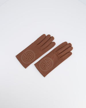 Hermès Brown Lambskin Gloves with Embroidered Detail Size 7