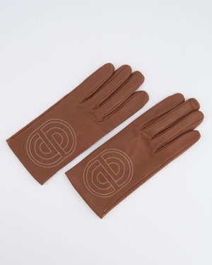 Hermès Brown Lambskin Gloves with Embroidered Detail Size 7
