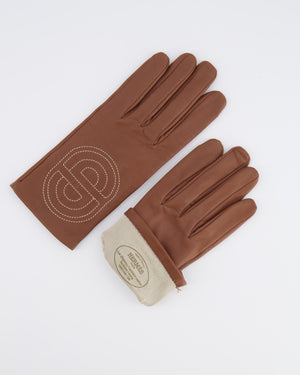 Hermès Brown Lambskin Gloves with Embroidered Detail Size 7