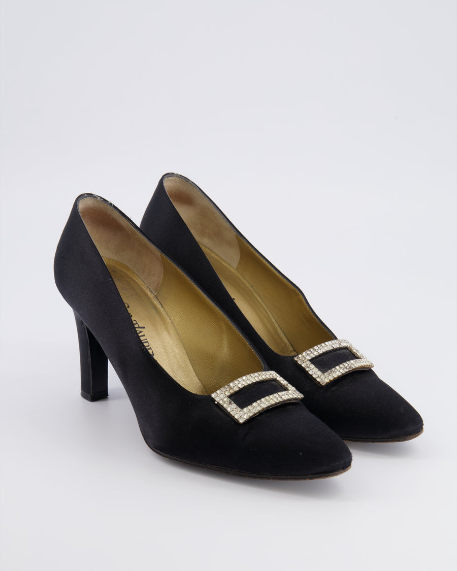 Yves Saint Laurent Vintage Black Satin Heeled Pumps with Crystal Buckle Detail Size EU 37