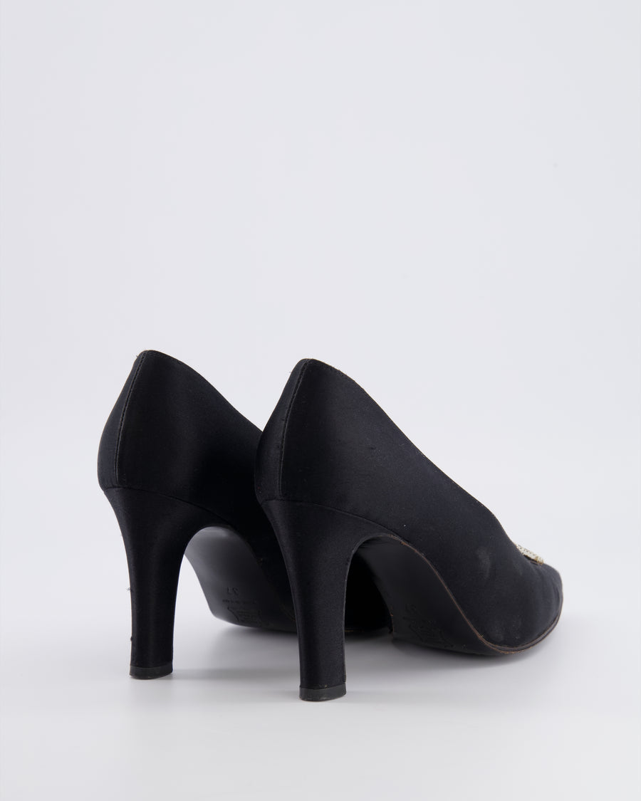 Yves Saint Laurent Vintage Black Satin Heeled Pumps with Crystal Buckle Detail Size EU 37
