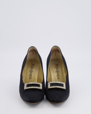 Yves Saint Laurent Vintage Black Satin Heeled Pumps with Crystal Buckle Detail Size EU 37