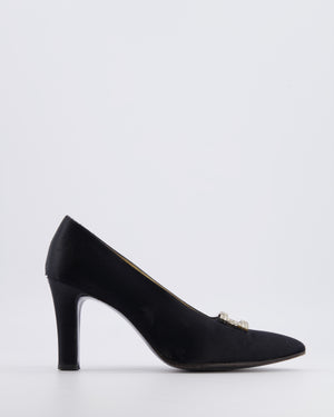 Yves Saint Laurent Vintage Black Satin Heeled Pumps with Crystal Buckle Detail Size EU 37