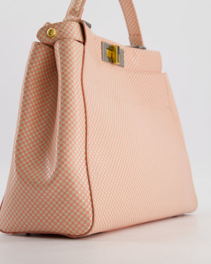 Fendi Pink and White Checkered Medium Peekaboo Bag in Calfskin Leather with Silver and Gold Hardware