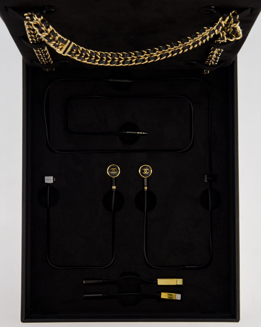 Chanel Premiere Sound Black and Gold Earphones and Watch Chain Necklace Set with Leather Travel Case RRP £20,000
