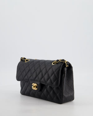 Chanel Black Small Stitched Edge Classic Double Flap Bag in Caviar Leather with Gold Hardware