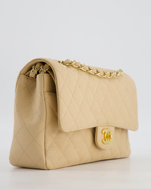Chanel Beige Clair Medium Stitched Edge Classic Double Flap Bag in Caviar Leather with Gold Hardware