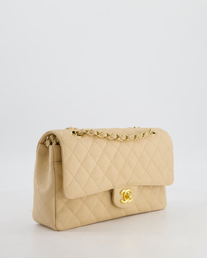 Chanel Beige Clair Medium Stitched Edge Classic Double Flap Bag in Caviar Leather with Gold Hardware