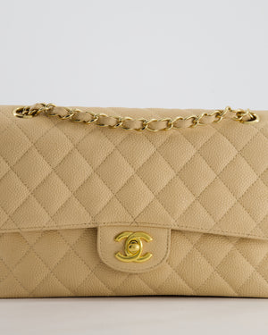 Chanel Beige Clair Medium Stitched Edge Classic Double Flap Bag in Caviar Leather with Gold Hardware