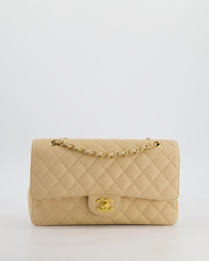 Chanel Beige Clair Medium Stitched Edge Classic Double Flap Bag in Caviar Leather with Gold Hardware