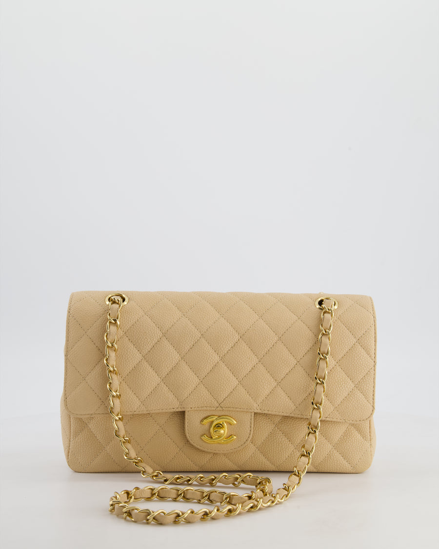 Chanel Beige Clair Medium Stitched Edge Classic Double Flap Bag in Caviar Leather with Gold Hardware