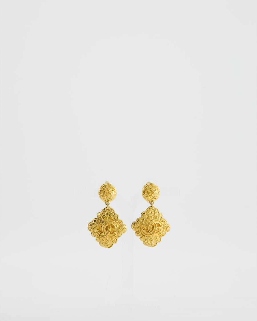 Chanel 95A 24K Gold Plated Rhombus Drop Earrings with CC Logo
