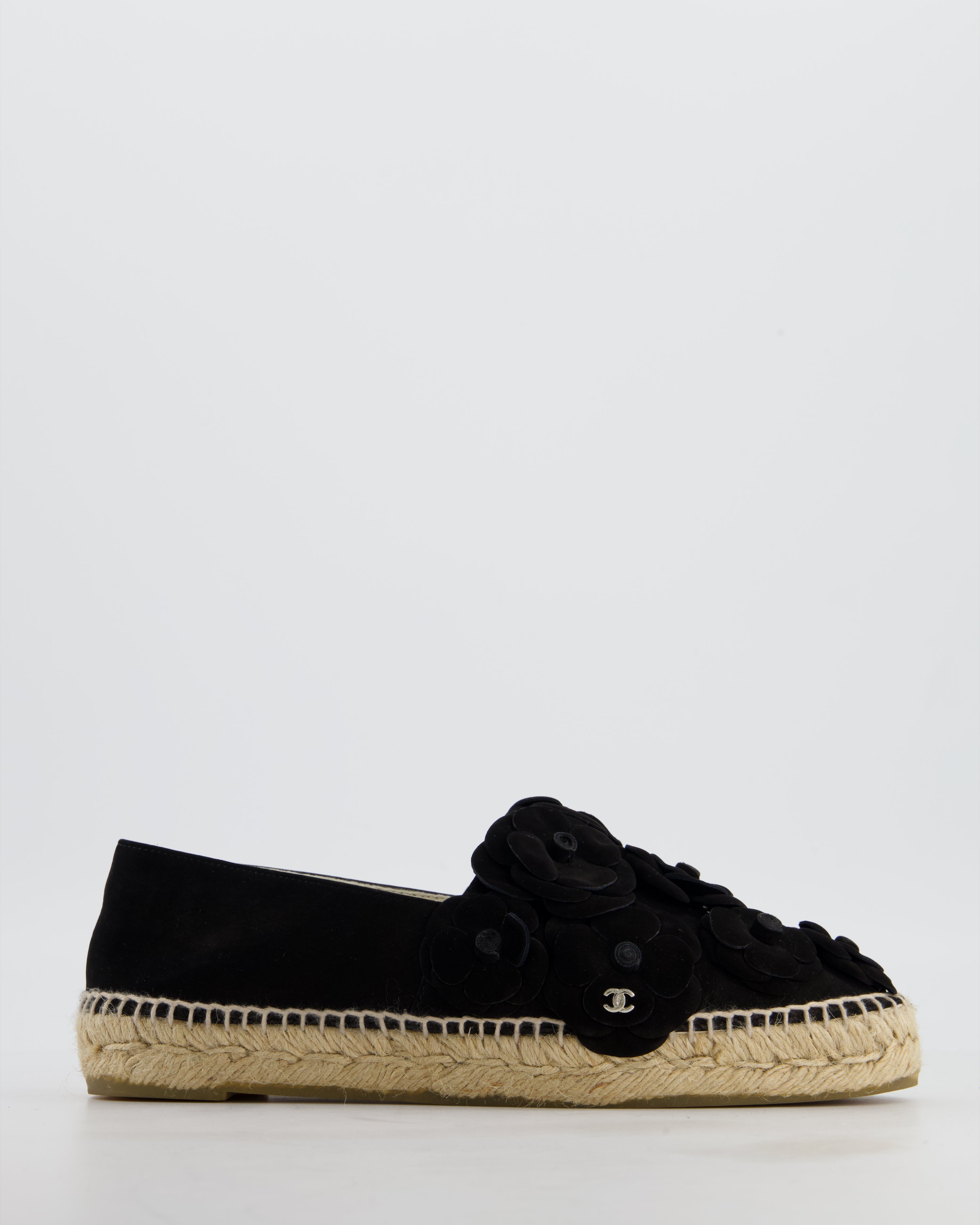 Chanel Black Suede Camellia Espadrilles with CC Logo Detail Size