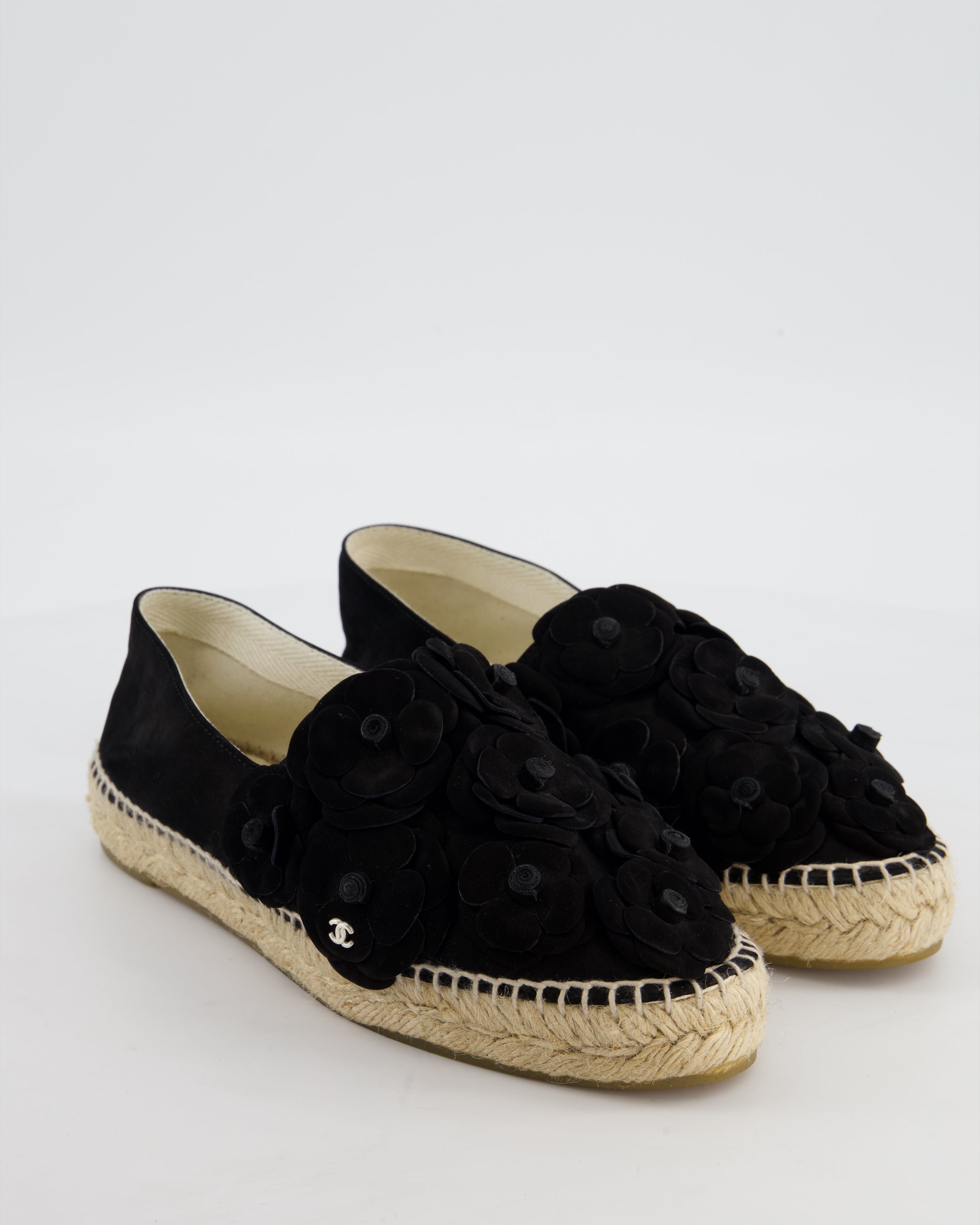 Chanel Black Suede Camellia Espadrilles with CC Logo Detail Size