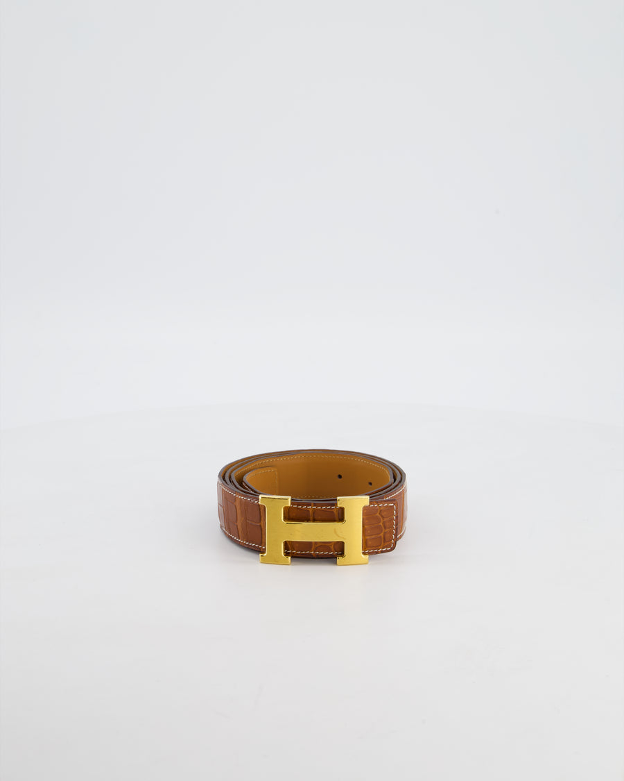 Hermès Constance Leather H Buckle Belt in Fauve Alligator with Gold Hardware Size 100cm